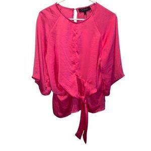 RD+Koko Womens Hot Pink Satin Tie Front Raglan‎ Sleeve Top Large NEW